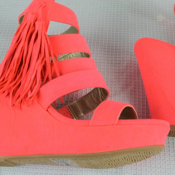 Platform Wedge Sandals Peachy Pink Zipper Tassels - Picture 6 of 8